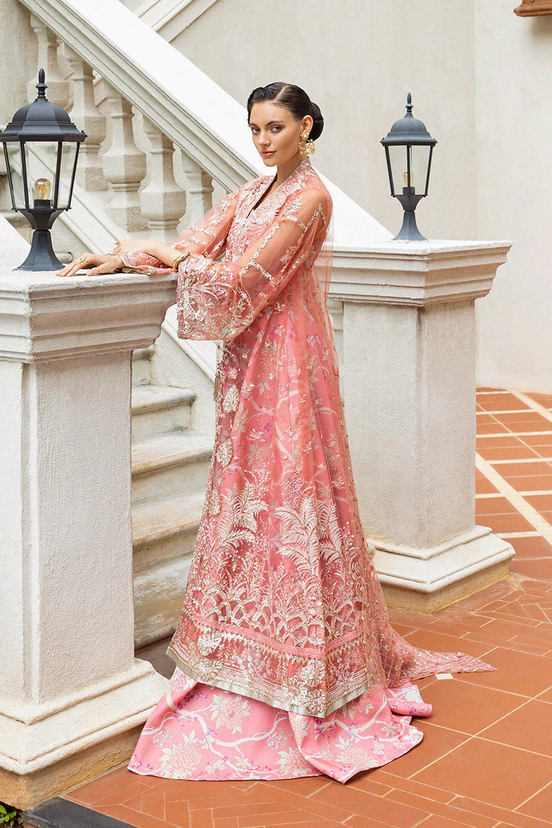 Model wearing peach embroidered dress from Mushq Wings of Desire, Pakistani luxury pret, shop authentic Pakistani clothes online in UK

