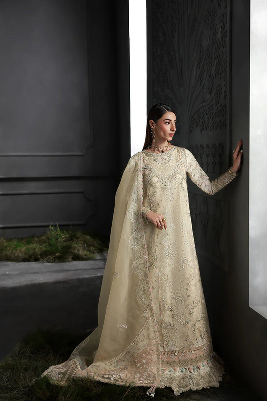 Model wearing MF-04 Ivory Grace by Qalamkar in ivory hand-embellished dress – Pakistani luxury pret perfect for festive wear, shop online in UK.