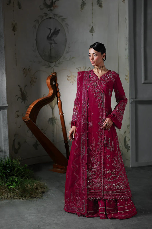 Model wearing MF-05 Amaris by Qalamkar in deep maroon hand-embroidered dress – Pakistani luxury pret perfect for festive wear, shop online in UK.