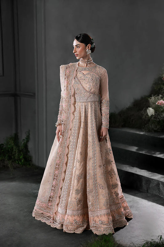 Model wearing MF-01 Lustra by Qalamkar in peach pink hand-embellished dress – Pakistani luxury pret perfect for festive wear, shop online in UK.