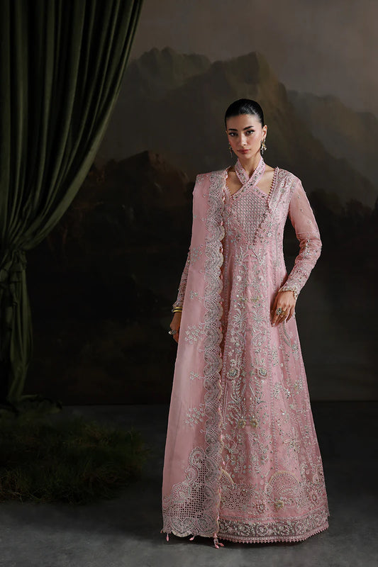 Model wearing MF-03 Blush Reverie by Qalamkar in pastel pink hand-embroidered dress – Pakistani luxury pret perfect for festive wear, shop online in UK.
