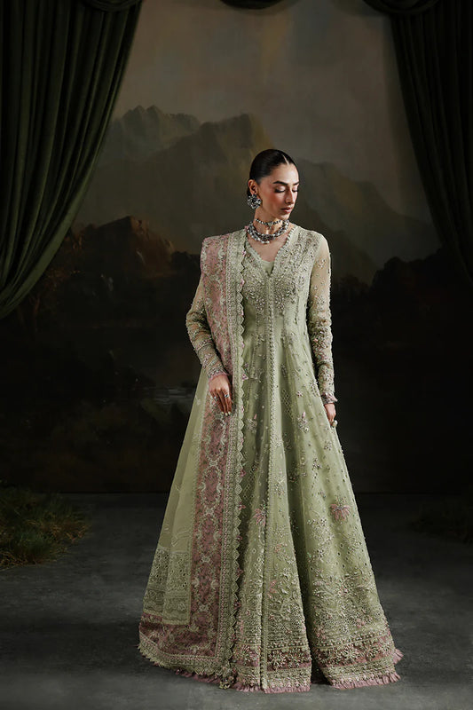 Model wearing sage green embellished long dress from Qalamkar MF-02 Sage Aura, Pakistani luxury pret, shop Pakistani clothes online in UK
