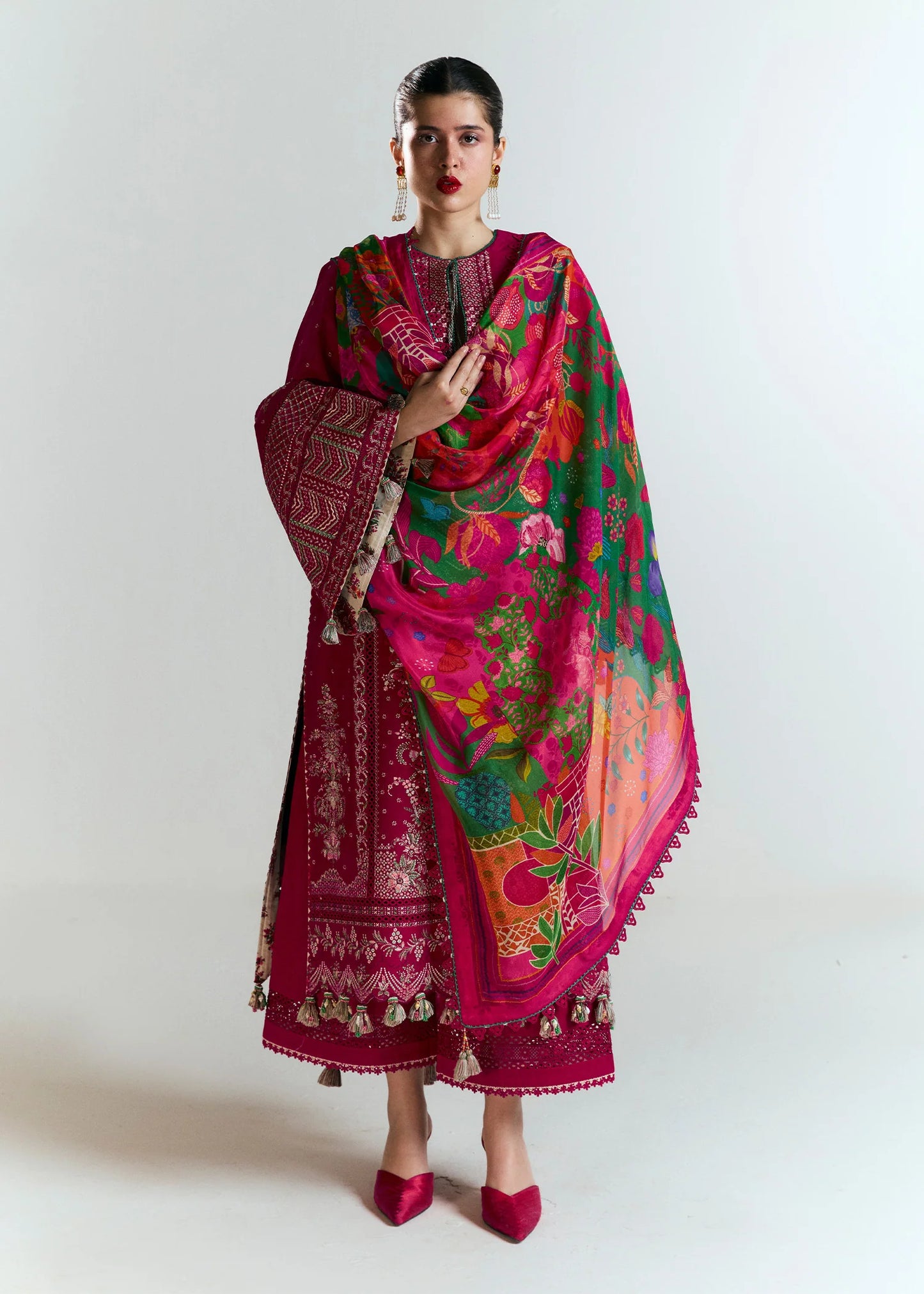 Model wearing deep pink Saaha from Hussain Rehar Nirmal SS '25, Pakistani luxury pret and Pakistani clothes online in UK.