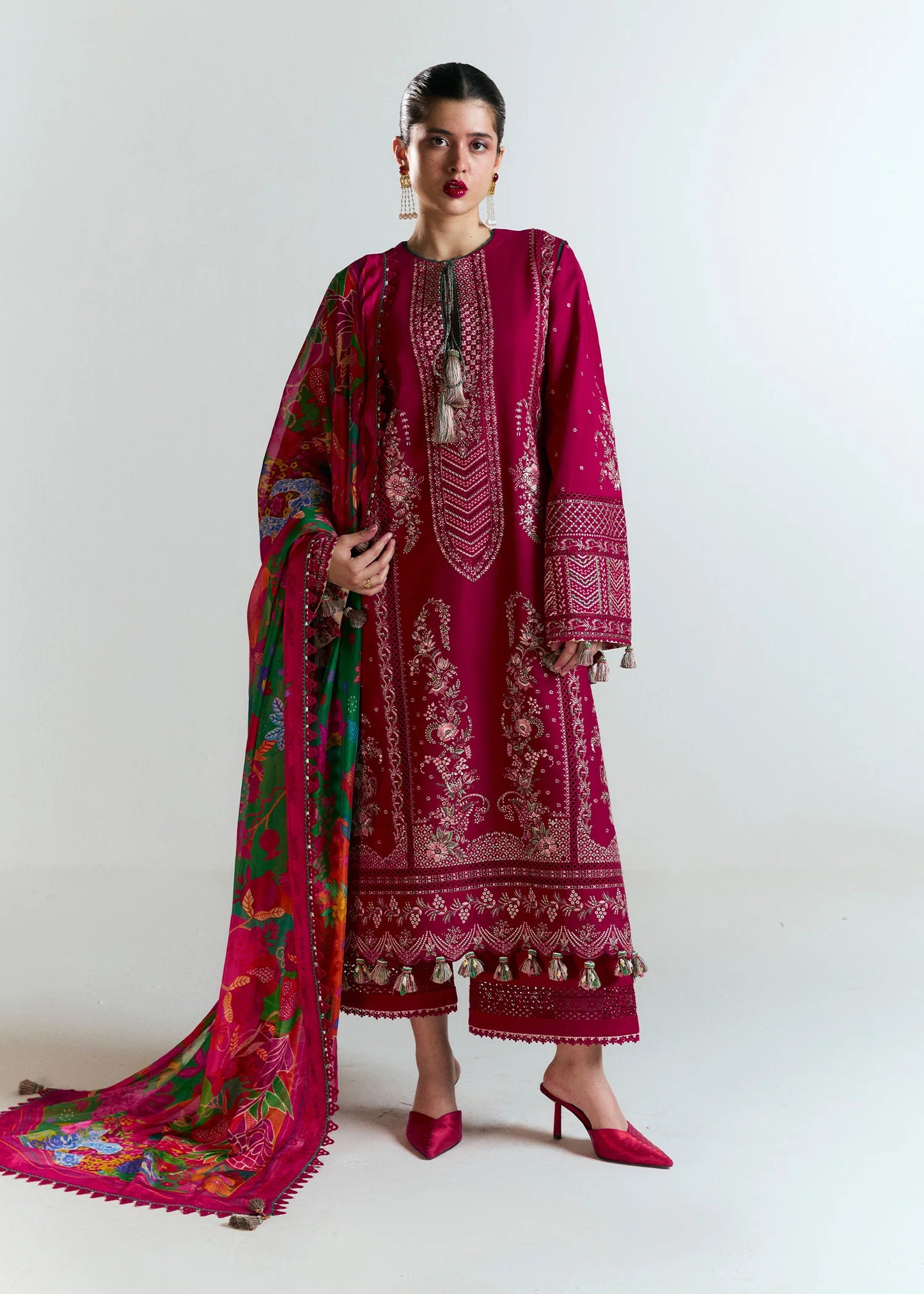 Model wearing deep pink Saaha from Hussain Rehar Nirmal SS '25, Pakistani luxury pret and Pakistani clothes online in UK.