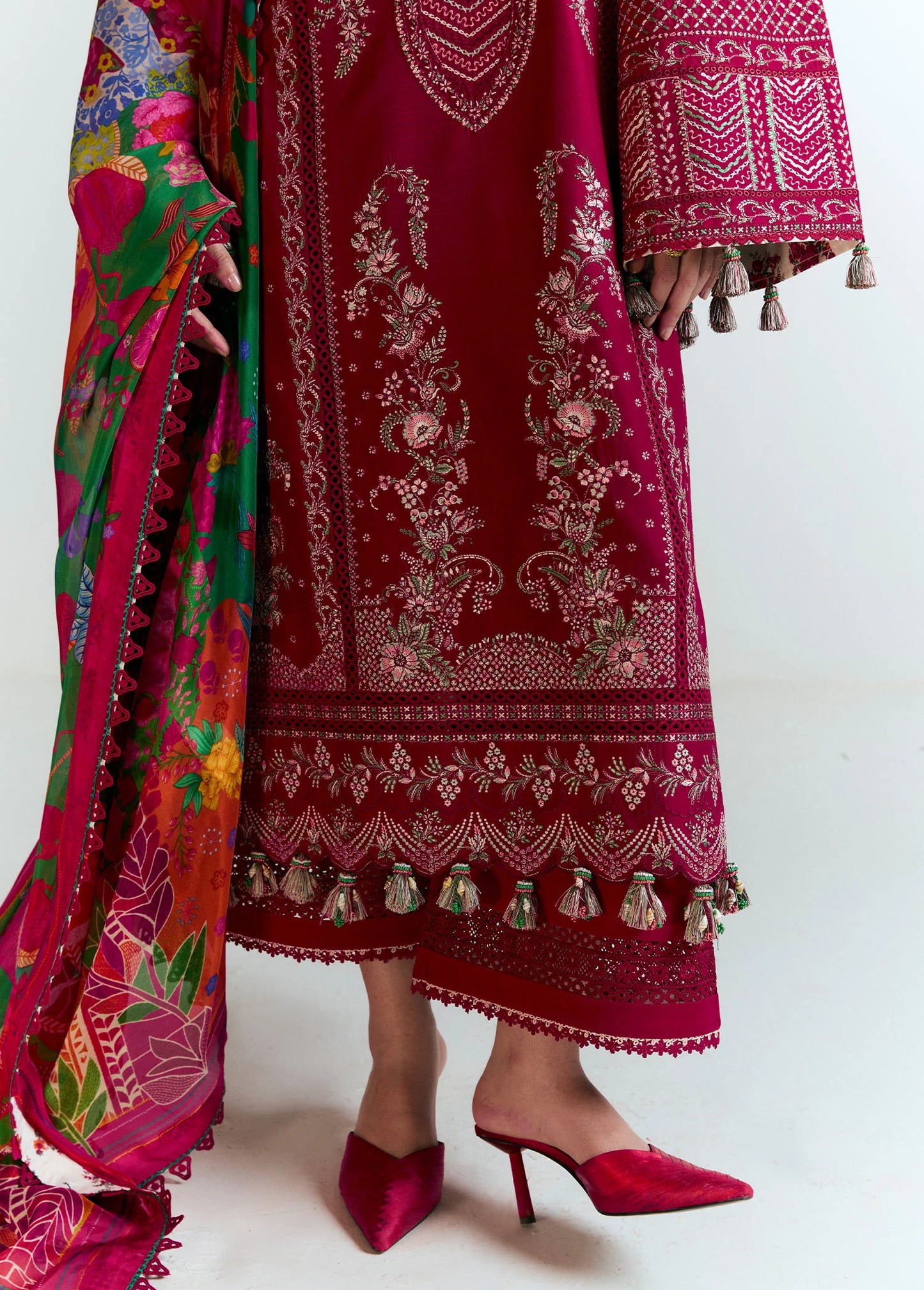 Model wearing deep pink Saaha from Hussain Rehar Nirmal SS '25, Pakistani luxury pret and Pakistani clothes online in UK.