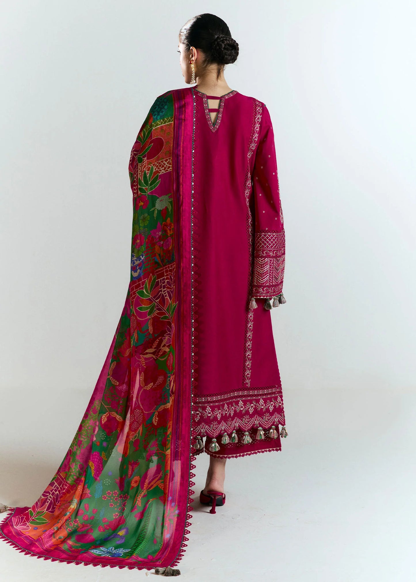 Model wearing deep pink Saaha from Hussain Rehar Nirmal SS '25, Pakistani luxury pret and Pakistani clothes online in UK.