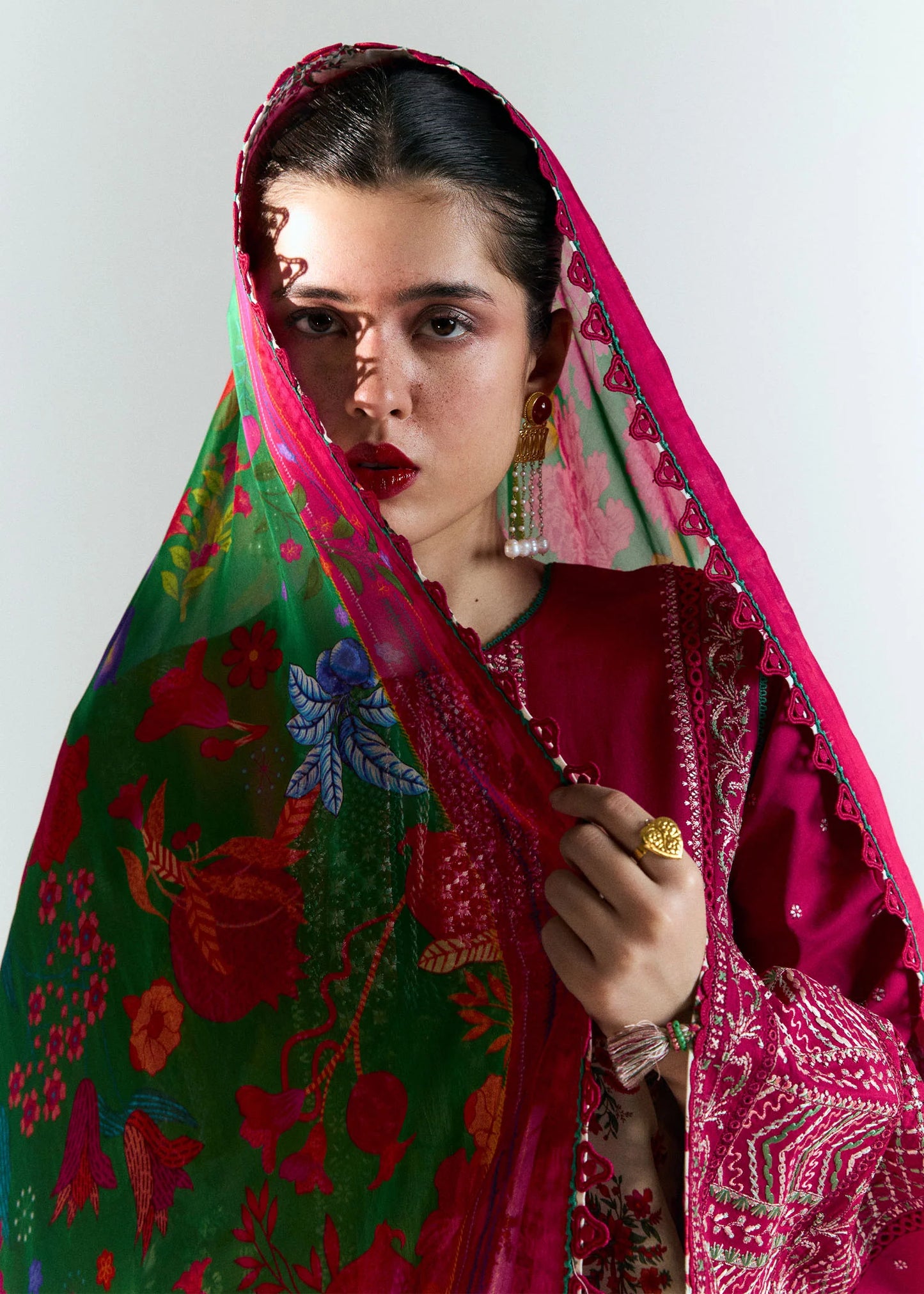 Model wearing deep pink Saaha from Hussain Rehar Nirmal SS '25, Pakistani luxury pret and Pakistani clothes online in UK.