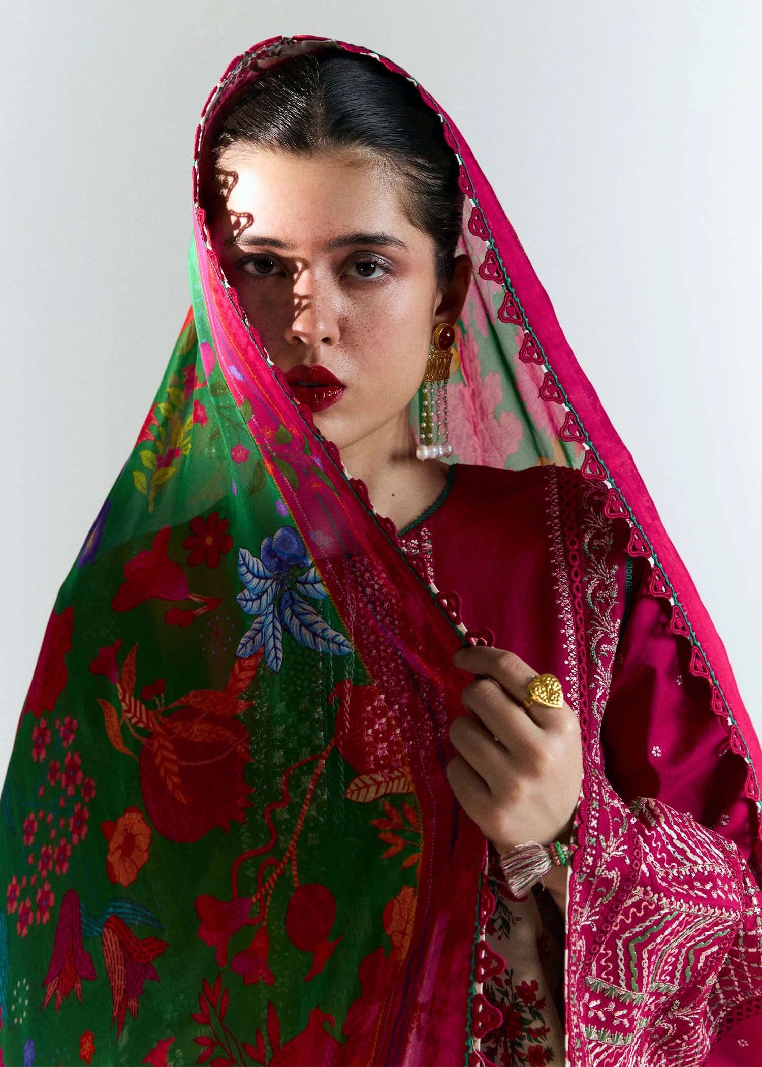 Model wearing deep pink Saaha from Hussain Rehar Nirmal SS '25, Pakistani luxury pret and Pakistani clothes online in UK.