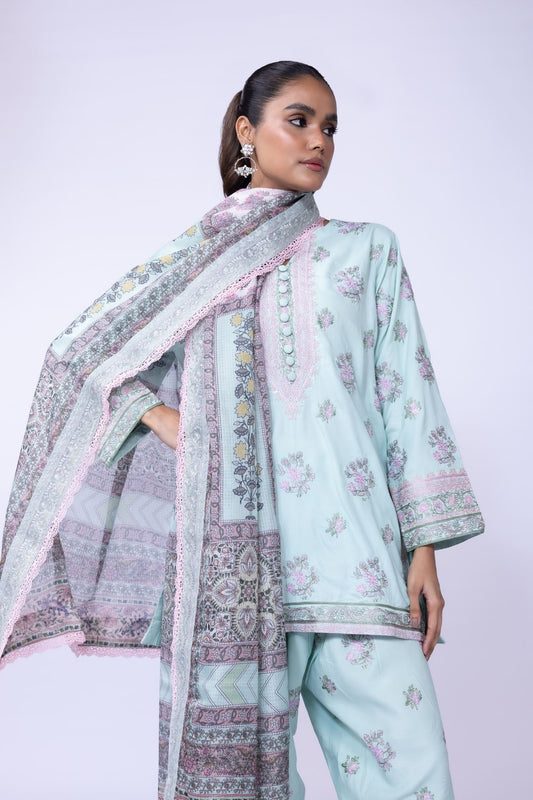 Model wearing Khaadi EST24602B pastel blue dress with delicate floral prints and embroidered details. Shop Pakistani clothes online in the UK now.







