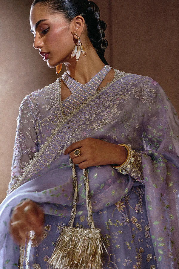 Model wearing pastel mint blue embellished ensemble from Suffuse Calira, Pakistani luxury pret, shop Pakistani clothes online in UK
