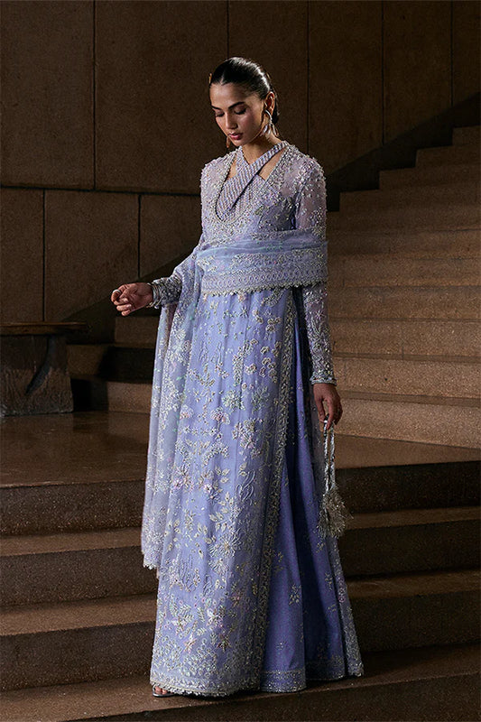 Model wearing pastel mint blue embellished ensemble from Suffuse Calira, Pakistani luxury pret, shop Pakistani clothes online in UK
