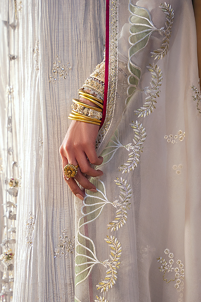 Model wearing NEVE, close-up detail, a Pakistani designer outfit by Suffuse, available online in the UK.