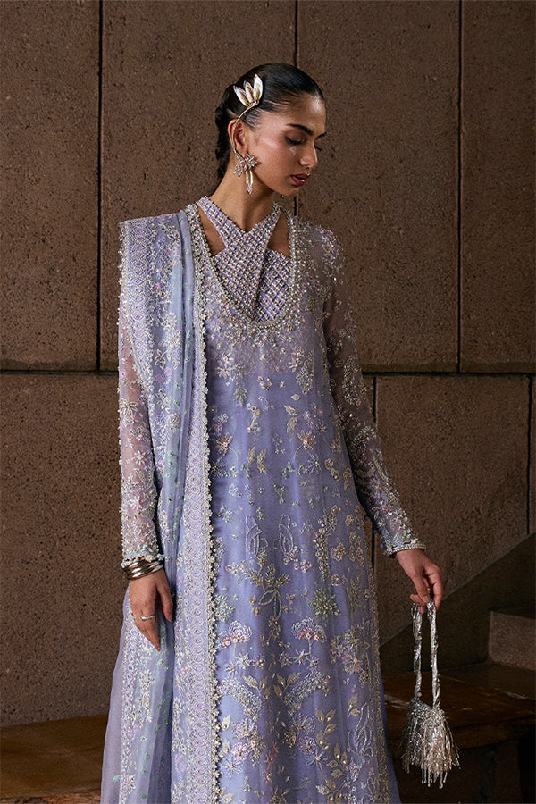 Model wearing pastel mint blue embellished ensemble from Suffuse Calira, Pakistani luxury pret, shop Pakistani clothes online in UK
