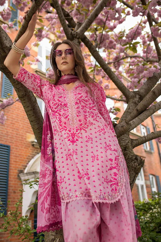 Model wearing bright pink printed Design 1A from Sobia Nazir SN Basics '25, Pakistani Luxury pret, Pakistani clothes online in UK.