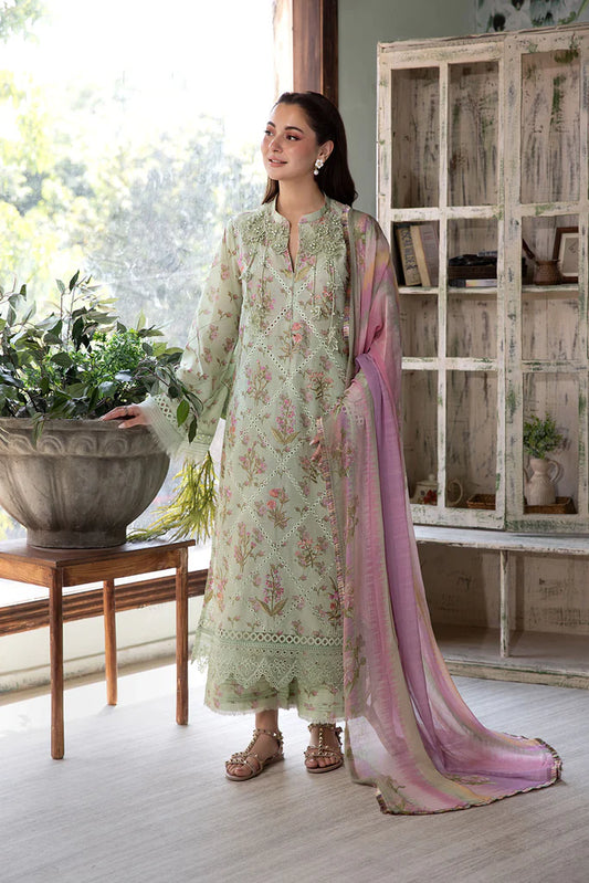 Model wearing pastel green Design 1B from Sobia Nazir Vital '25 Vol. 2, Pakistani luxury pret and Pakistani clothes online in UK.