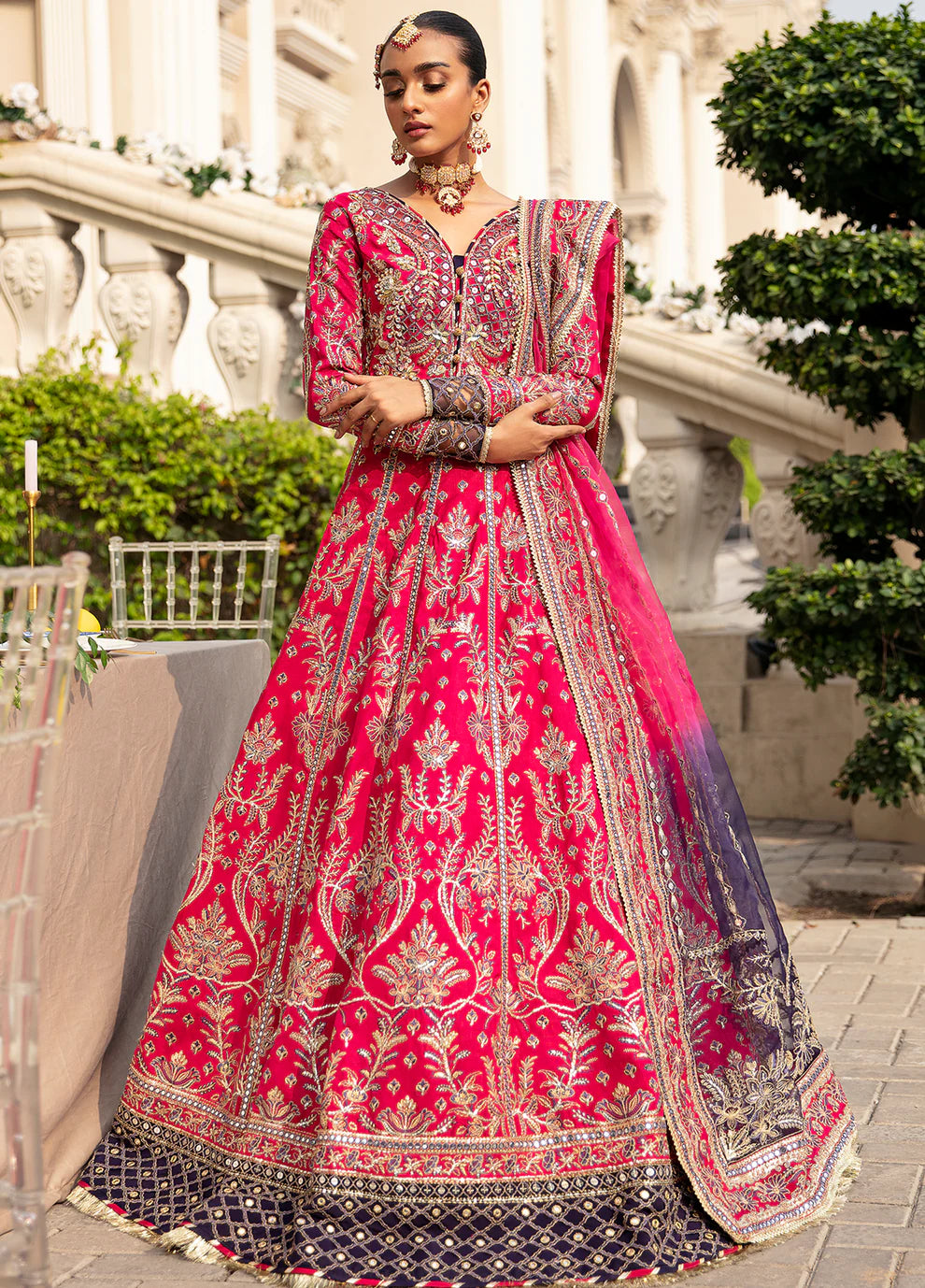 Model in vibrant NUHA dress by Gulaal UK, Pakistani wedding collection '23.