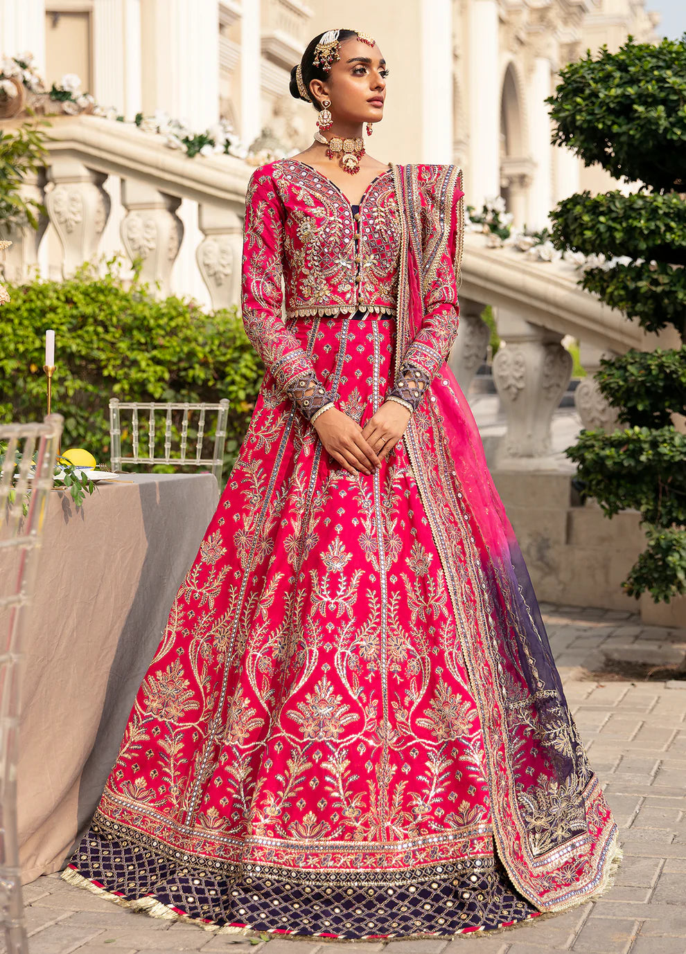 Model in vibrant NUHA dress by Gulaal UK, Pakistani wedding collection '23.