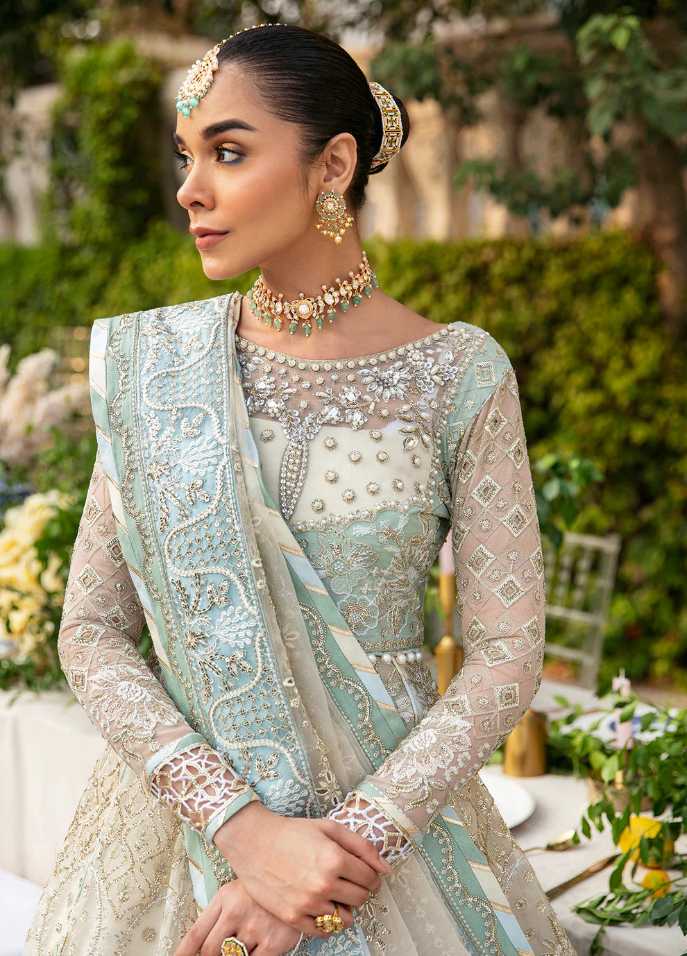 Model in Gulaal UK Nareena outfit, 2023 Unstitched Wedding Collection, Pakistani dress