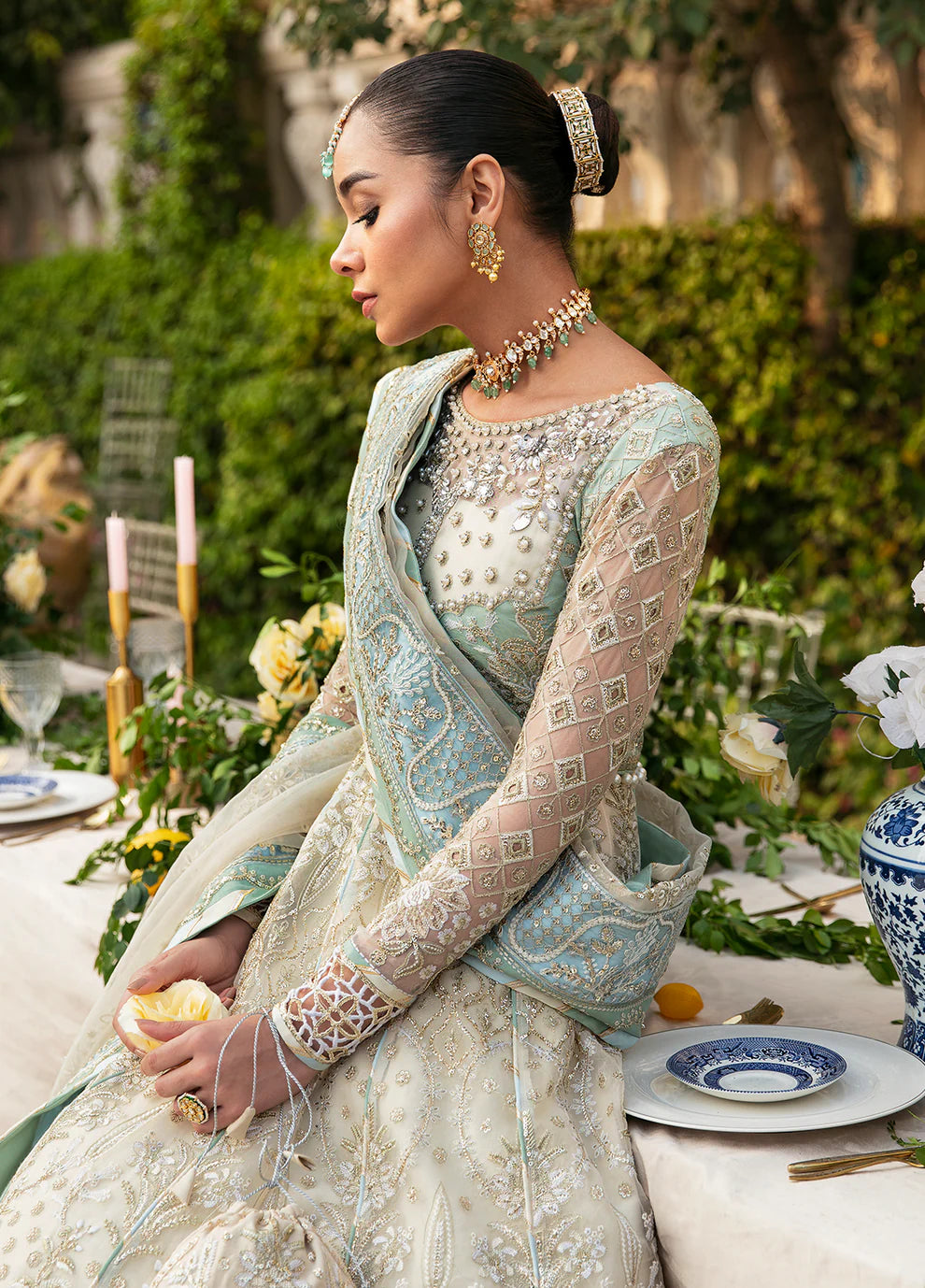 Model in Gulaal UK Nareena outfit, 2023 Unstitched Wedding Collection, Pakistani dress