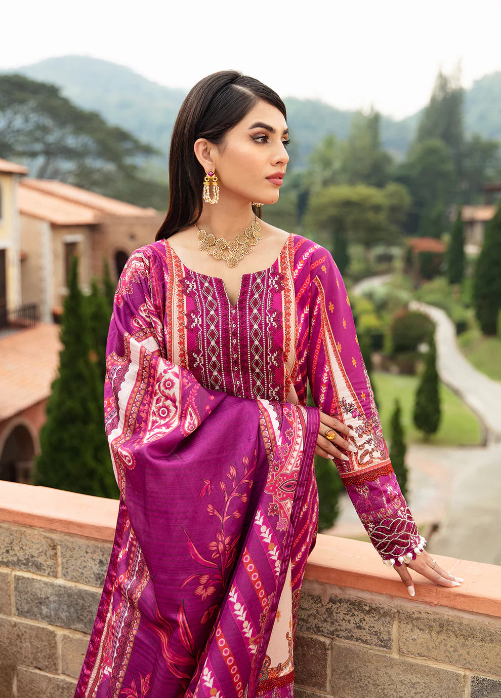 Model in Gulaal's ALAARA pink ensemble, ornate design