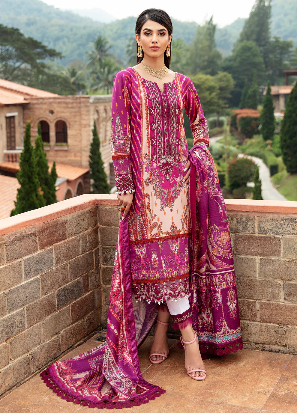 Model in Gulaal's ALAARA pink ensemble, ornate design