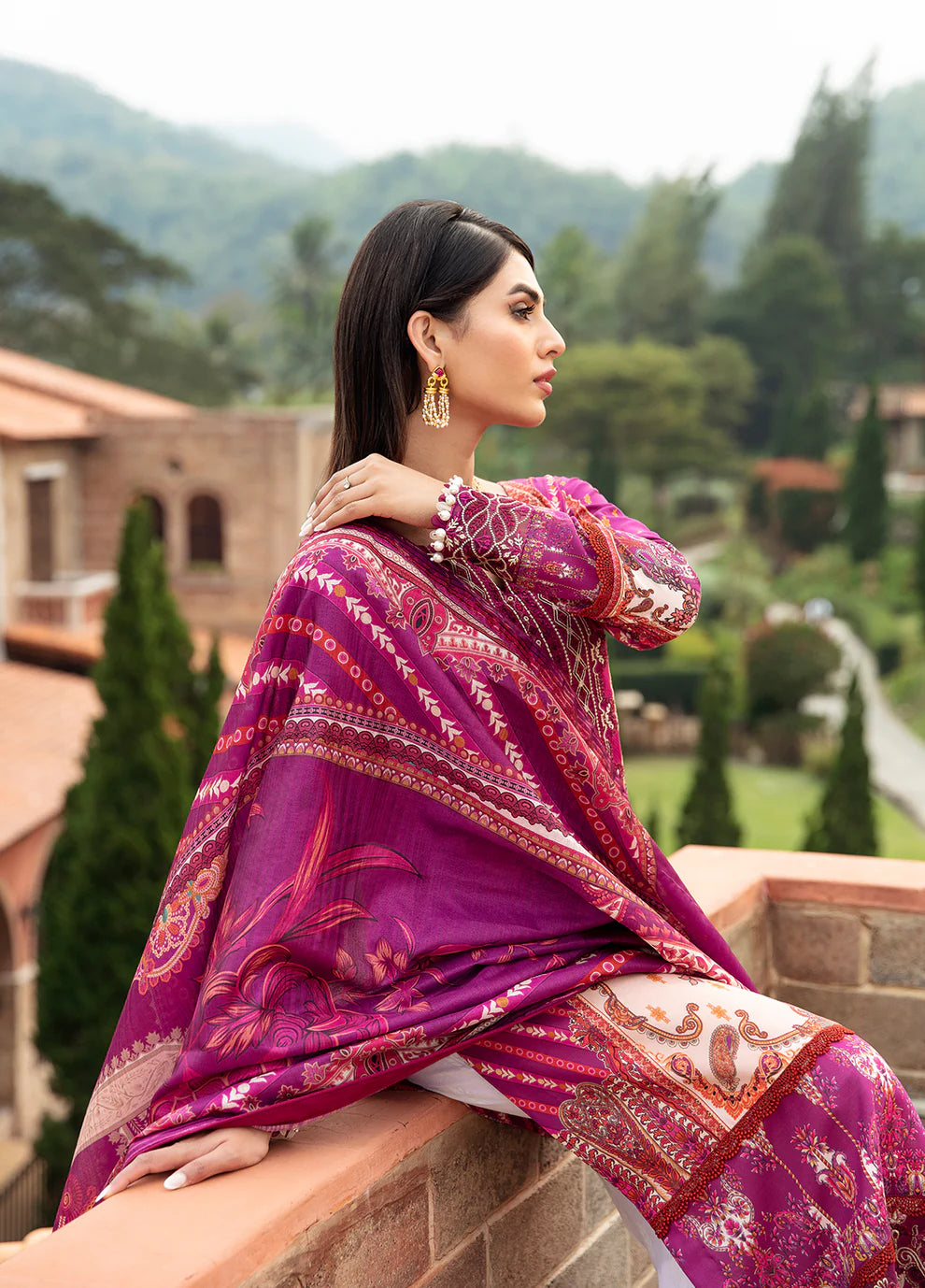 Model in Gulaal's ALAARA pink ensemble, ornate design