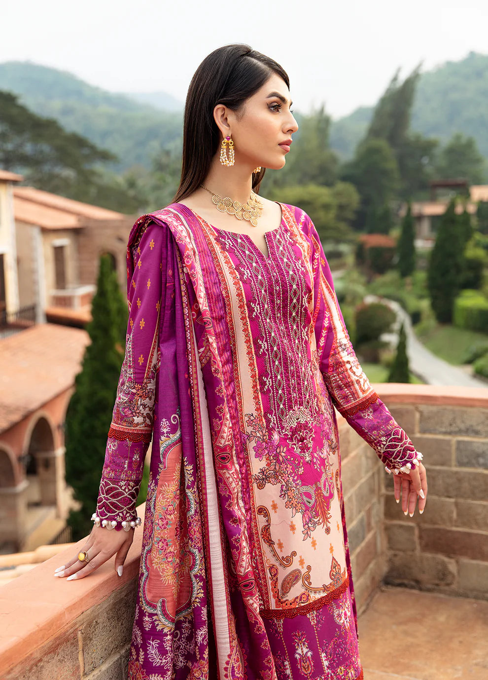 Model in Gulaal's ALAARA pink ensemble, ornate design