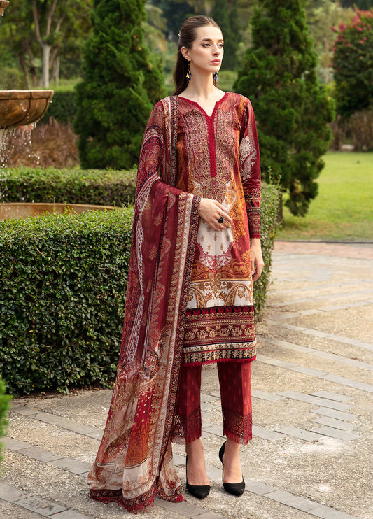 Elegant model in Gulaal's AMARYLLIS attire, rich maroon with gold print