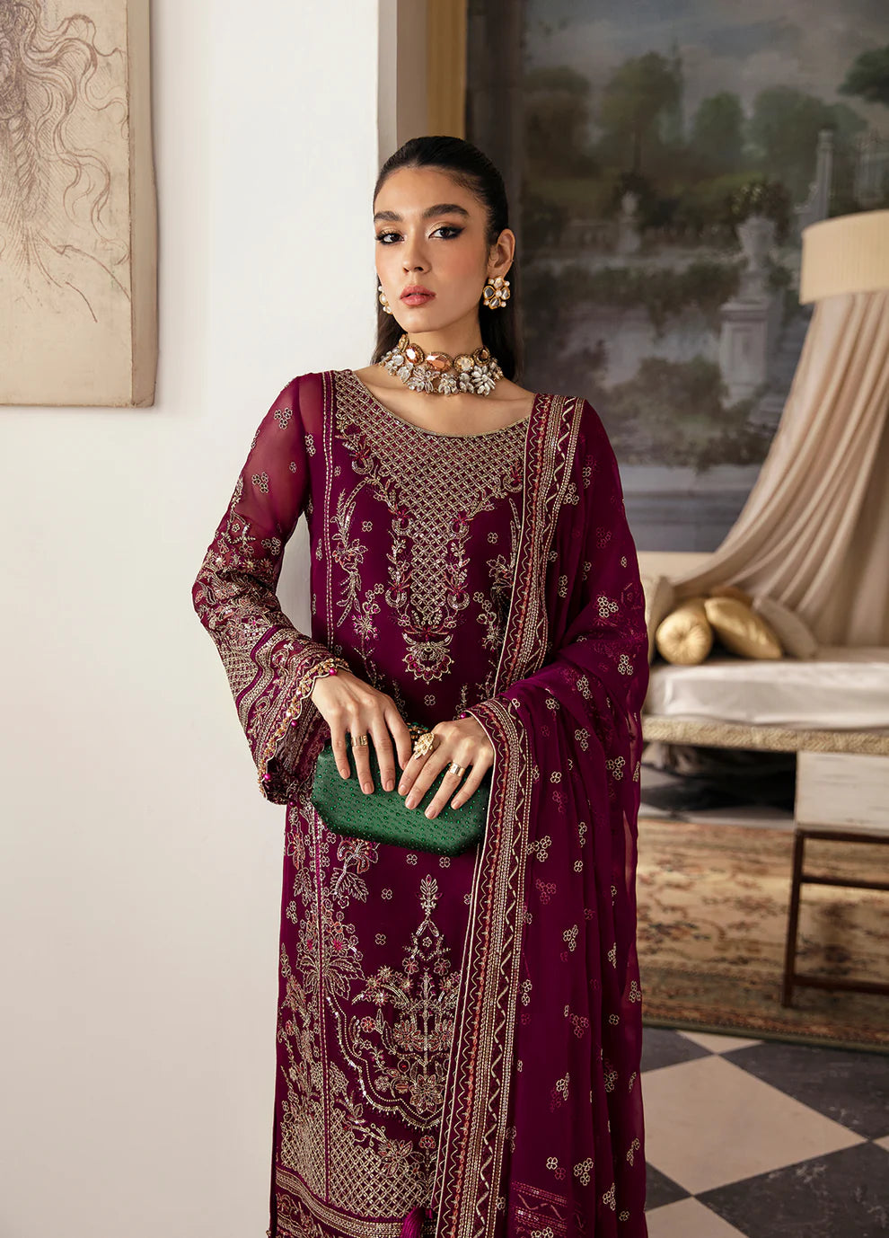 Model in Gulaal UK ZAREENA, deep purple embroidered chiffon, '23 V2 Pakistani clothes UK.