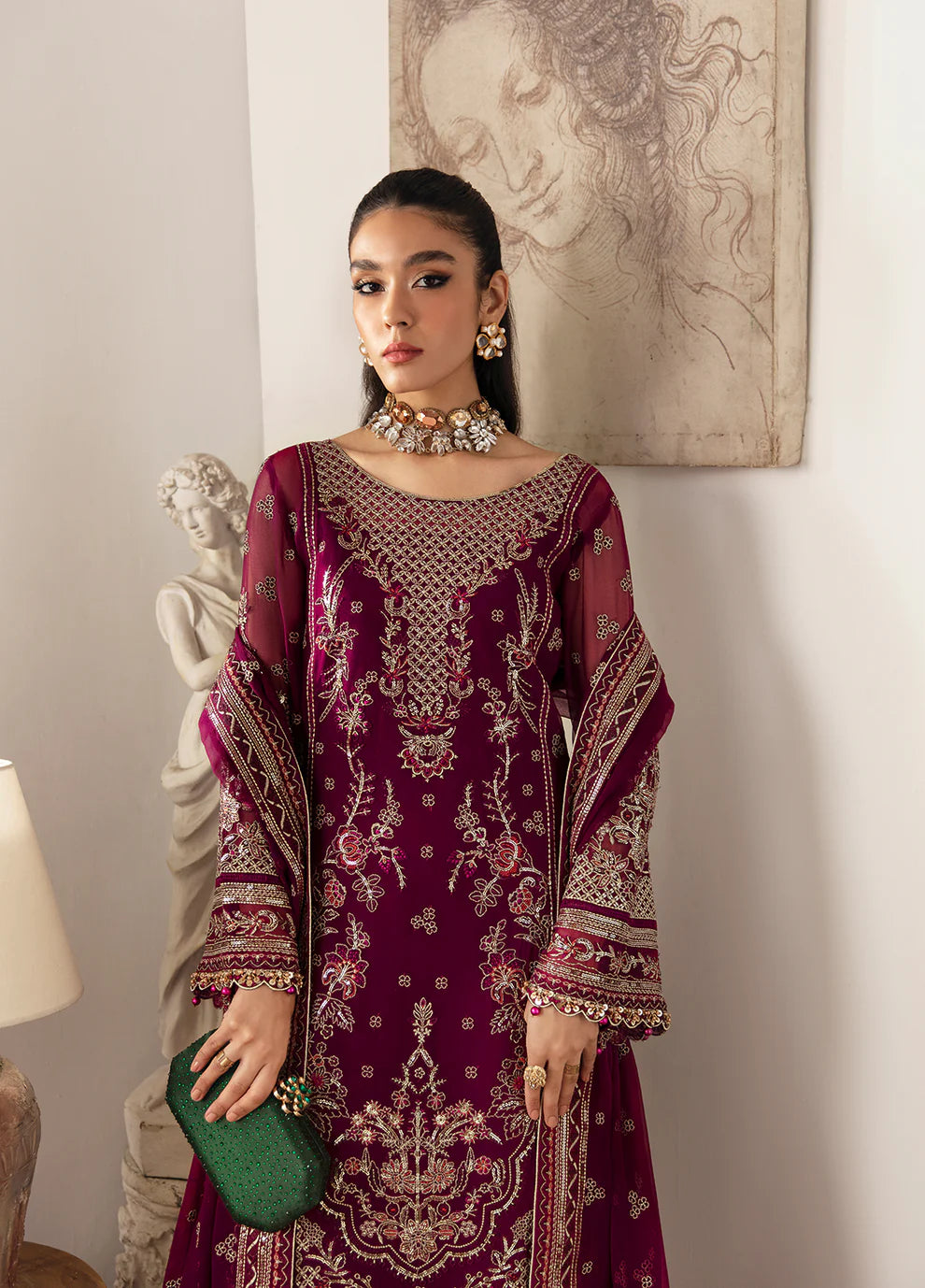 Model in Gulaal UK ZAREENA, deep purple embroidered chiffon, '23 V2 Pakistani clothes UK.