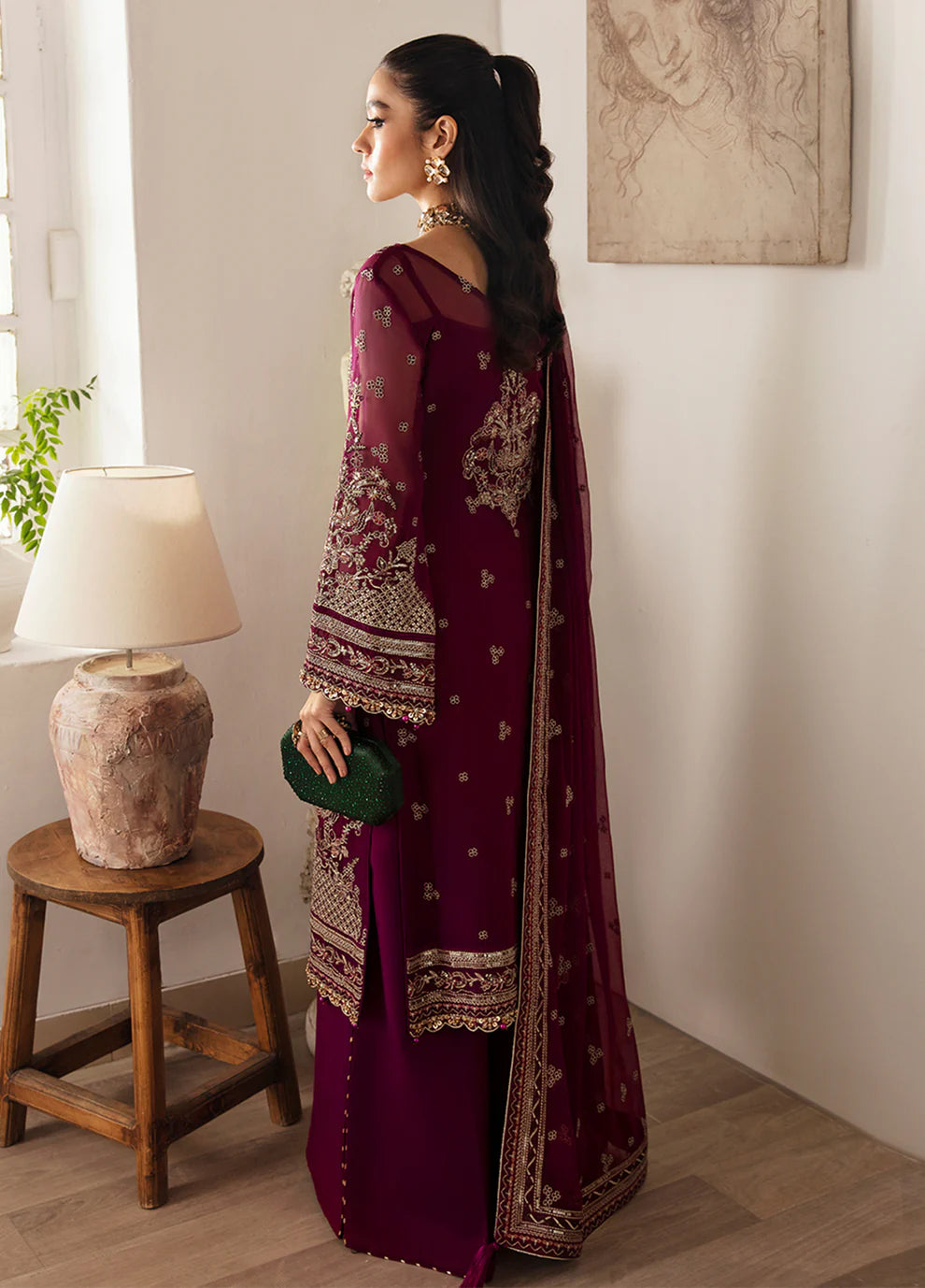 Model in Gulaal UK ZAREENA, deep purple embroidered chiffon, '23 V2 Pakistani clothes UK.