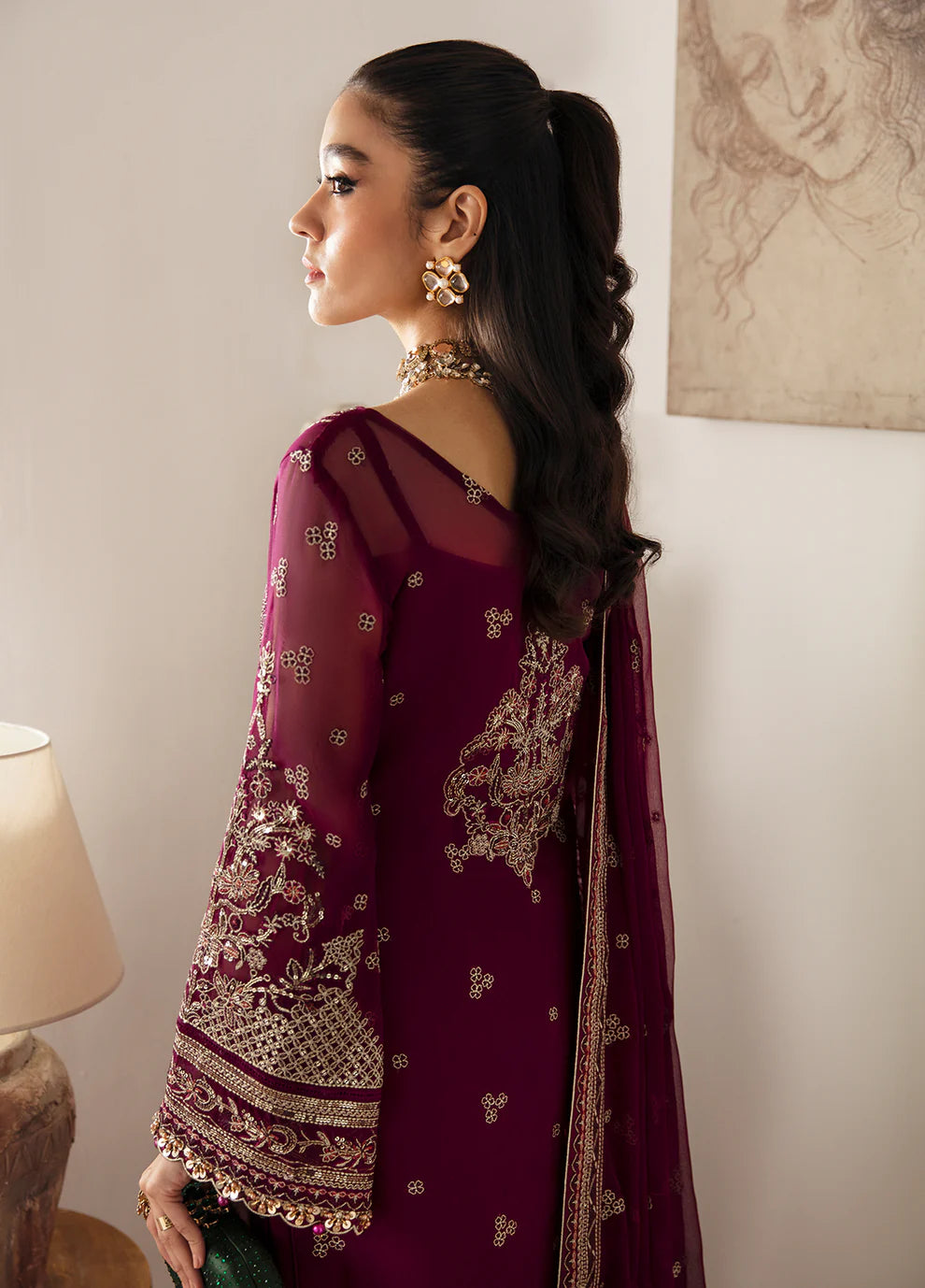 Model in Gulaal UK ZAREENA, deep purple embroidered chiffon, '23 V2 Pakistani clothes UK.