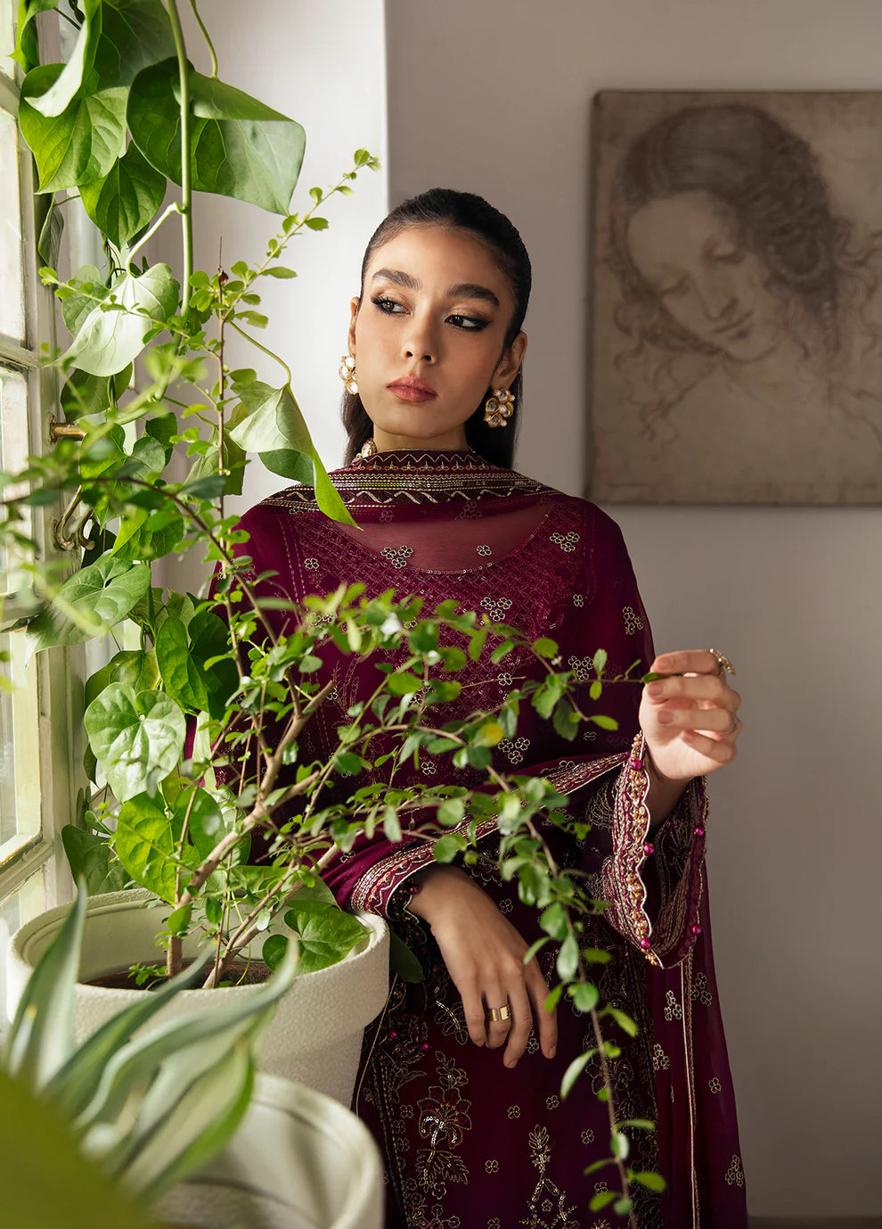 Model in Gulaal UK ZAREENA, deep purple embroidered chiffon, '23 V2 Pakistani clothes UK.