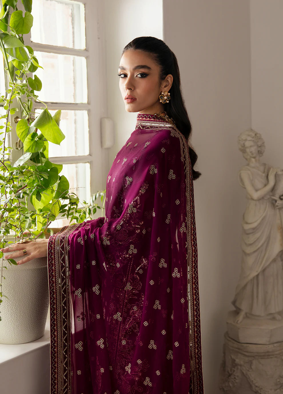 Model in Gulaal UK ZAREENA, deep purple embroidered chiffon, '23 V2 Pakistani clothes UK.