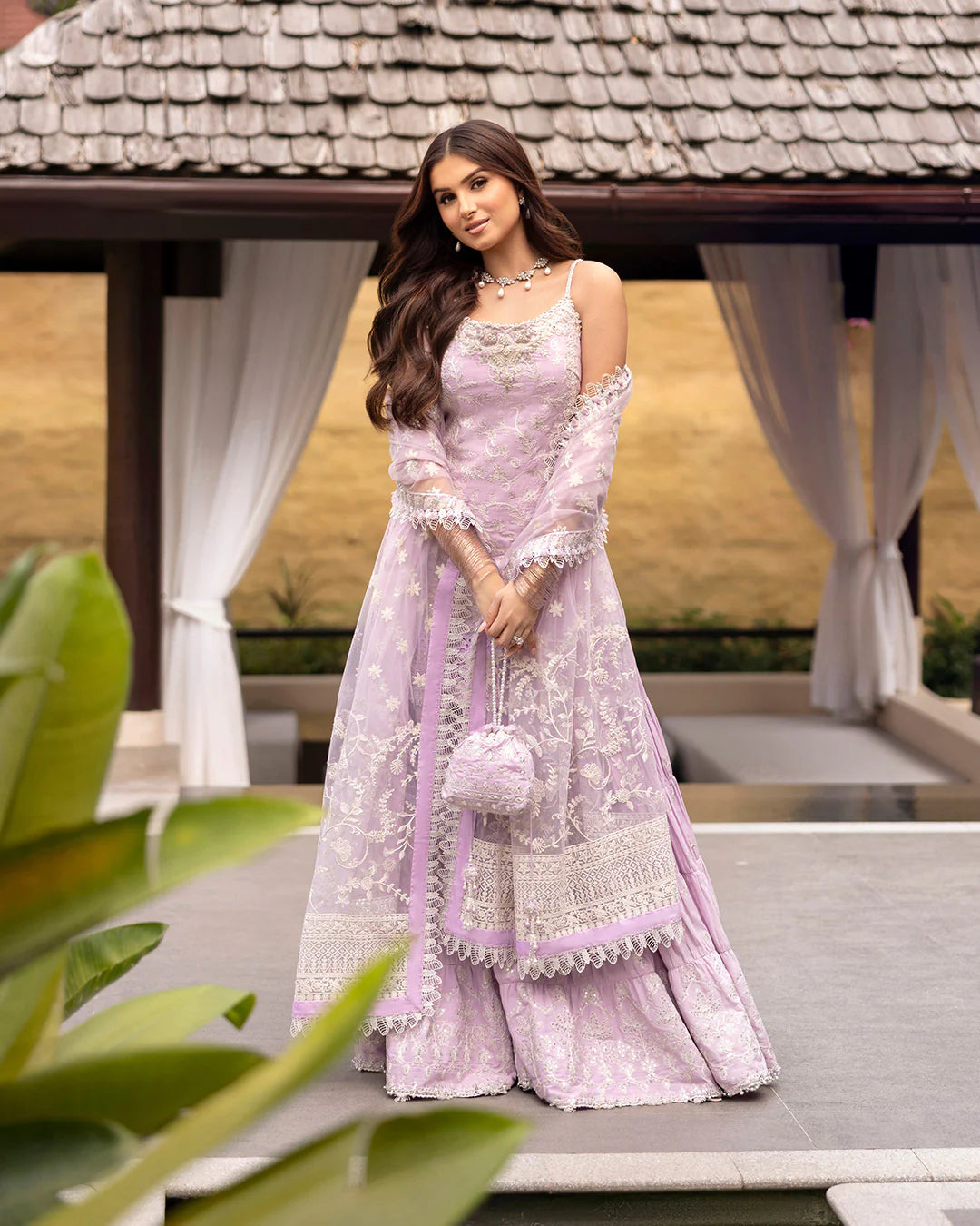 Model wearing lilac Soma dress from Faiza Saqlain Zinnia collection, Pakistani Luxury pret, Faiza Saqlain Pakistani clothes online in UK.