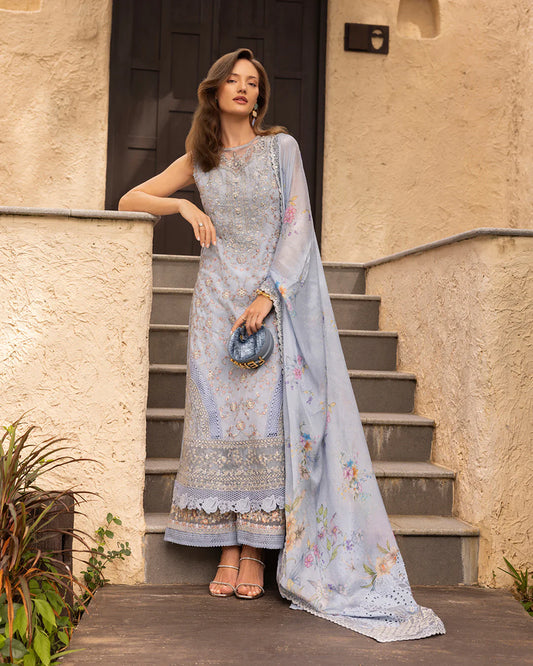 Model wearing pastel blue Liana dress from Faiza Saqlain Zinnia collection, Pakistani Luxury pret, Faiza Saqlain Pakistani clothes online in UK.