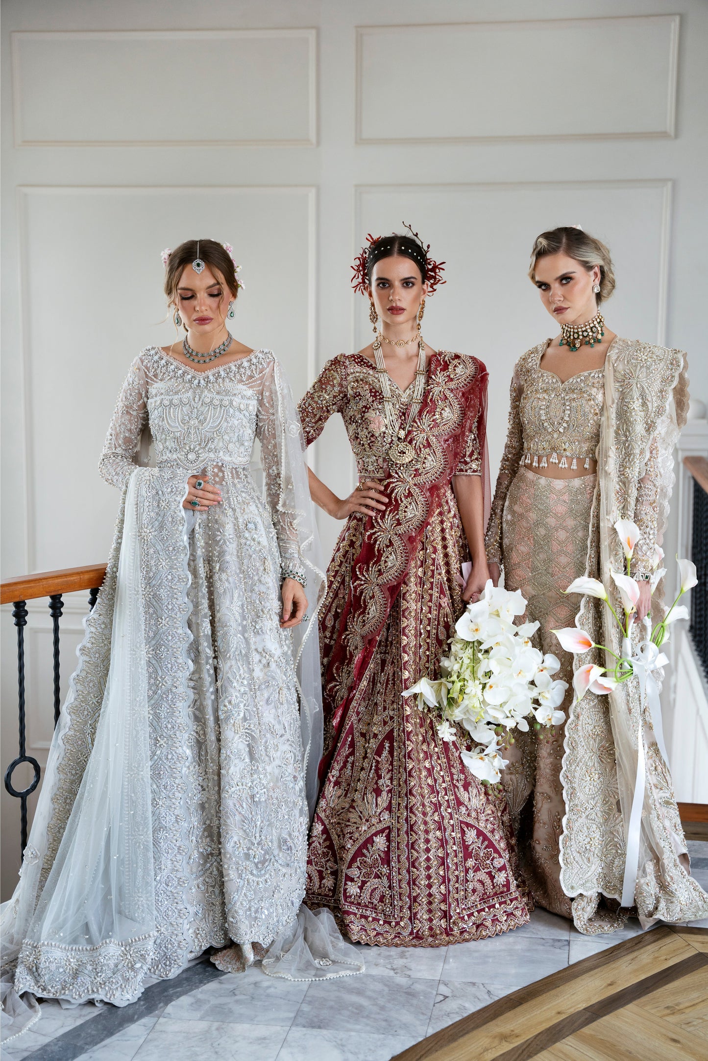 Model wearing silver embellished gown DAHLIA from Mysie by Tahira, Pakistani luxury pret perfect for weddings, now online in UK.