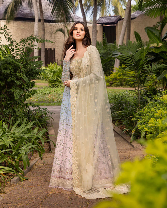Model wearing pastel ombré Freesia dress from Faiza Saqlain Zinnia collection, Pakistani Luxury pret, Pakistani clothes online in UK.