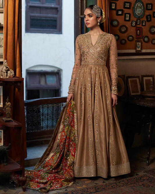 Model wearing beige and multicolor dress Sulata by Faiza Saqlain, Pakistani luxury pret, available online in UK