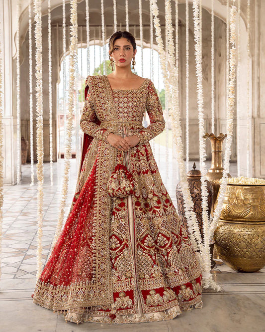 Model wearing deep red and gold bridal dress Juri by Faiza Saqlain, Pakistani luxury pret online in UK for weddings.