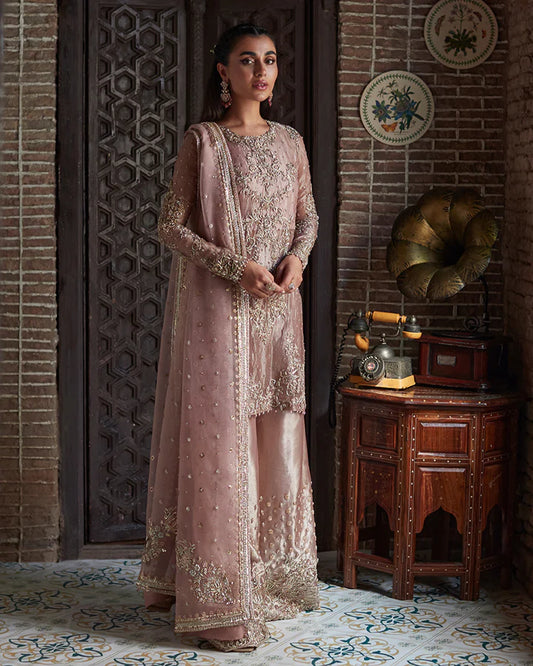 model wearing dusty pink embroidered dress by Faiza Saqlain, Pakistani luxury pret available online in UK