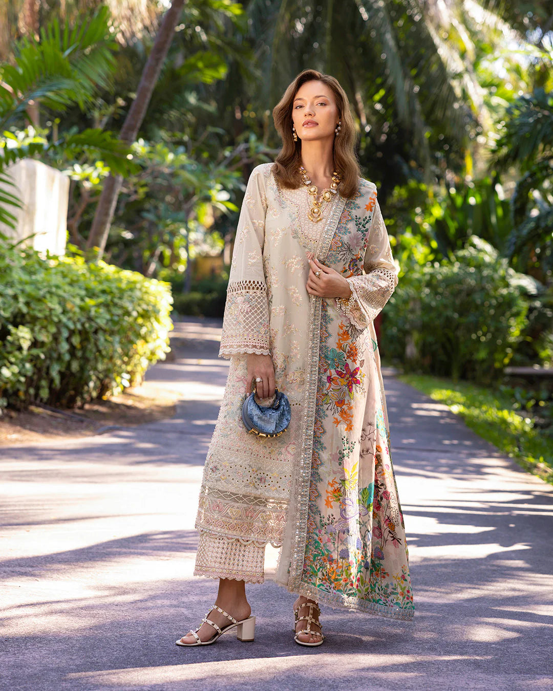 Model wearing cream Delilah dress from Faiza Saqlain Zinnia, Pakistani Luxury pret, Pakistani clothes online in UK.