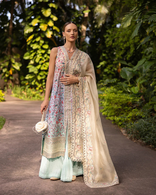 Model wearing multicolored Danica dress with mint trousers from Faiza Saqlain Zinnia collection, Pakistani Luxury pret, Pakistani clothes online in UK.