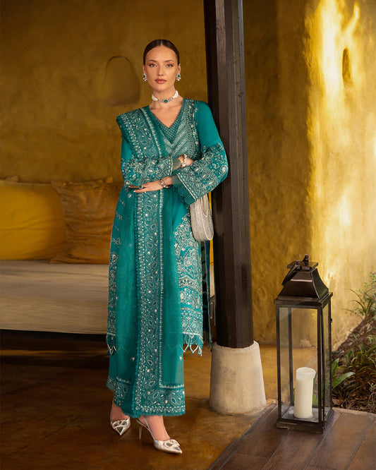 Model wearing teal Calla dress from Faiza Saqlain Zinnia collection, Pakistani Luxury pret, Faiza Saqlain Pakistani clothes online in UK.