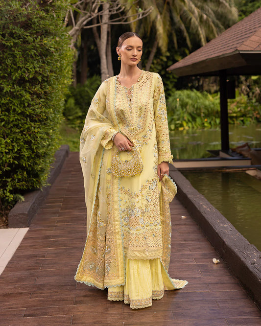 Model wearing pastel yellow Azalea dress from Faiza Saqlain Zinnia collection, Pakistani Luxury pret, Faiza Saqlain Pakistani clothes online in UK.