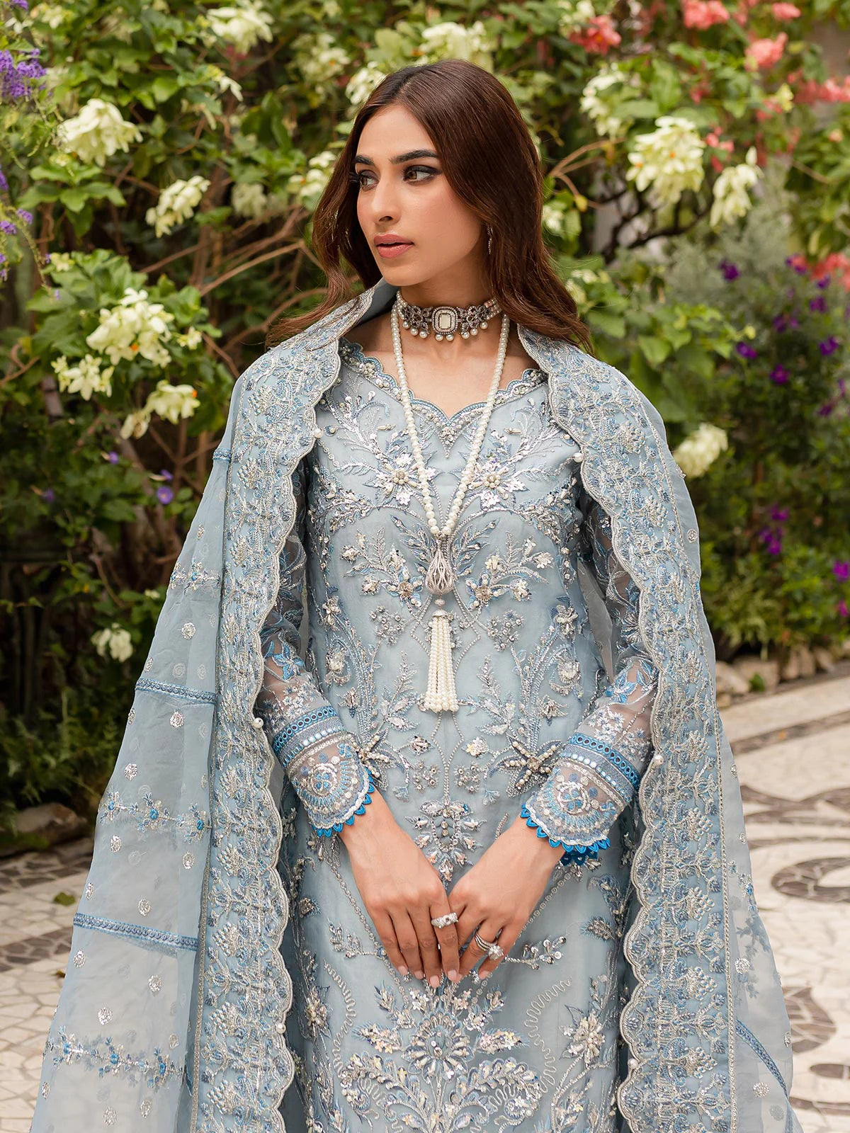 Model wearing pastel blue Estirah GL-LP-V1-02 from Gulaal, a stunning Pakistani luxury pret—shop Gulaal Pakistani clothes online in UK.