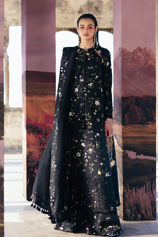 Model wearing ZEYARA, front view, a Pakistani designer outfit by Suffuse, available online in the UK.