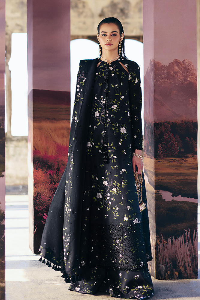 Model wearing ZEYARA, front view, a Pakistani designer outfit by Suffuse, available online in the UK.