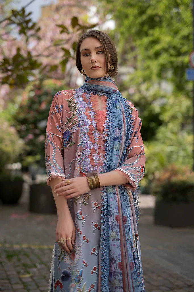 Model wearing multicolour pastel Sobia Nazir Design 2A from SN Basics '25, Pakistani luxury pret for Eid, shop Pakistani clothes online in UK.