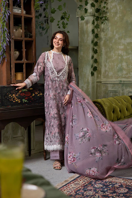 Model wearing mauve floral embroidered Design 2A outfit from Sobia Nazir Vital '25 Vol. 2, Pakistani luxury pret clothes online in UK.